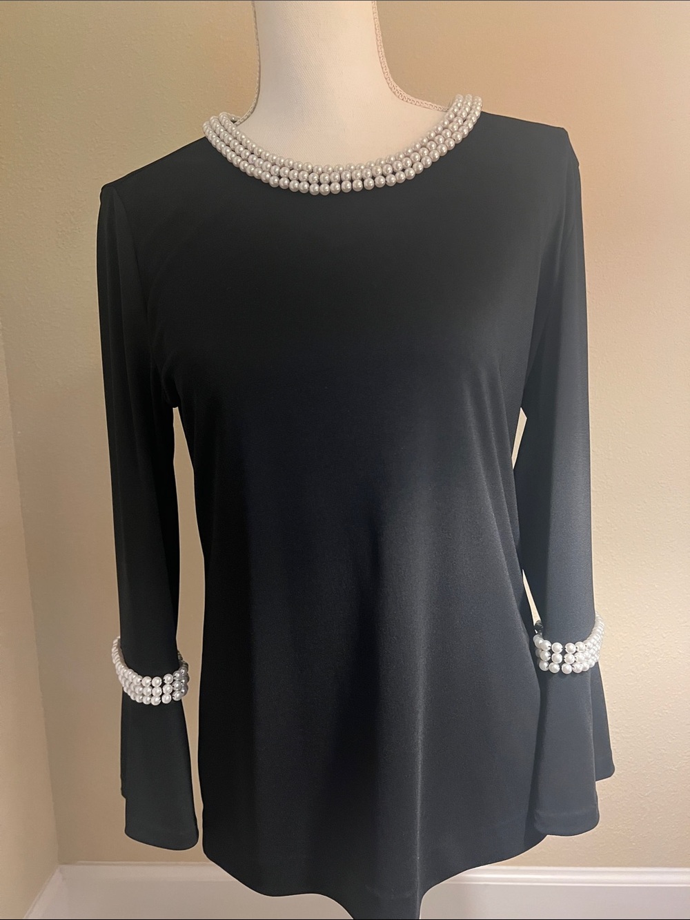 Karl Lagerfeld Black Long-Sleeve Top with Pearl Trim